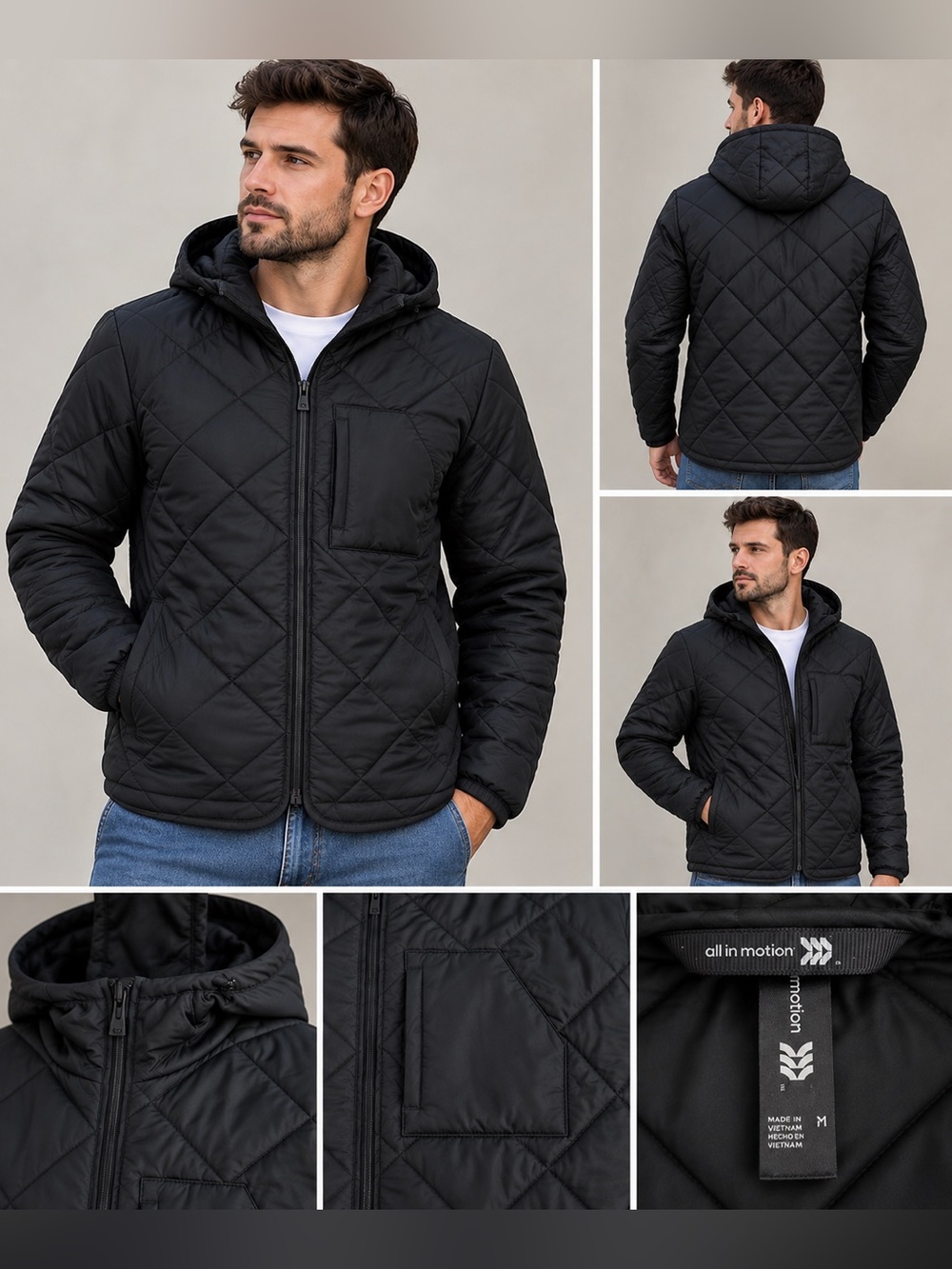 All in Motion Men's Black Quilted Hooded Jacket Sz M like very good